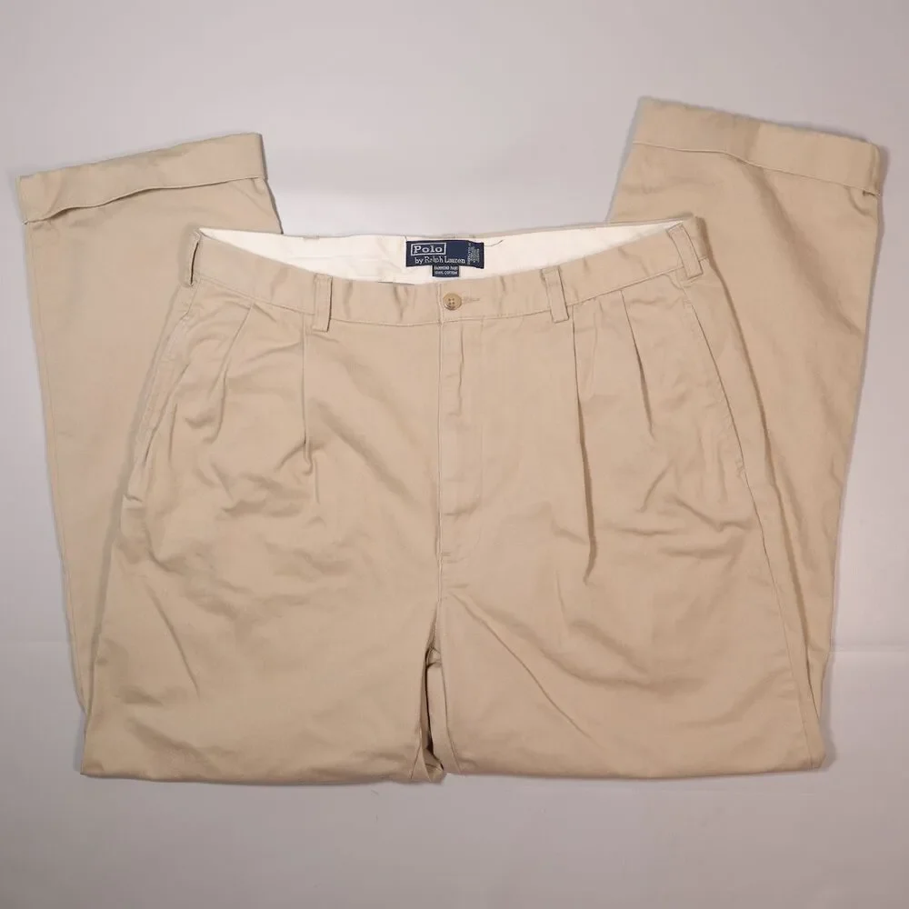 VTG Polo Ralph Lauren Hammond Pants Beige Straight Pleated Trousers Mens 36x30